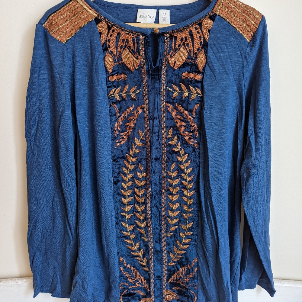 Chico's Blue and Bronze Embroidered Long Sleeve Top